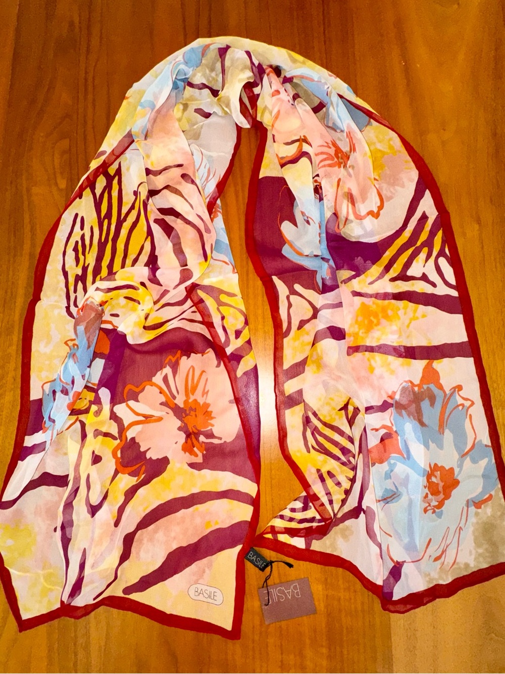 Basile Italian Silk Long Oblong Scarf in Abstract Floral, Red, Blue, Yellow, NWT